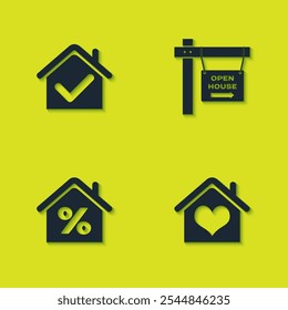 Set House with check mark, heart shape, percant and Hanging sign Open house icon. Vector