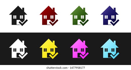 Set House with check mark icon isolated on black and white background. Real estate agency or cottage town elite class.  Vector Illustration