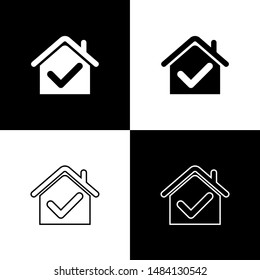 Set House with check mark icon isolated on black and white background. Real estate agency or cottage town elite class.  Vector Illustration
