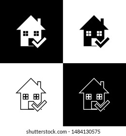 Set House with check mark icon isolated on black and white background. Real estate agency or cottage town elite class.  Vector Illustration