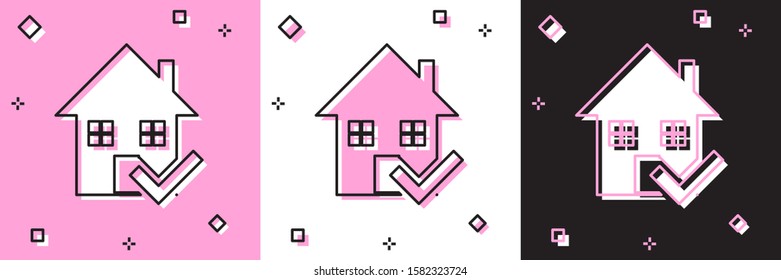 Set House with check mark icon isolated on pink and white, black background. Real estate agency or cottage town elite class.  Vector Illustration