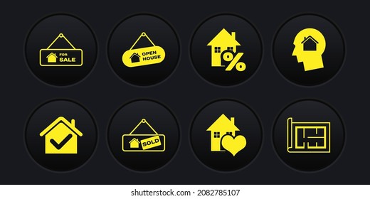 Set House with check mark, Man dreaming about buying house, Hanging sign Sold, heart shape, percant, Open, plan and For Sale icon. Vector