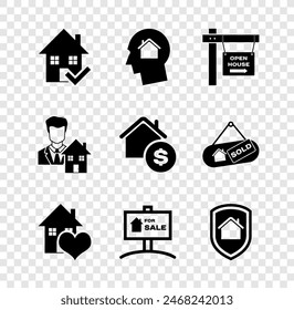 Set House with check mark, Man dreaming about buying house, Hanging sign Open, heart shape, For Sale, under protection, Realtor and dollar icon. Vector