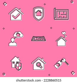 Set House with check mark, under protection, plan, Man dreaming about buying house, heart shape, and Search icon. Vector