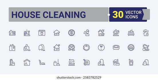 Set of House Cleaning line icons. Contains related to laundry, 16n, sanitary, floor, household, dirt and more. Sign and Symbol. Editable stroke. Vector illustration.