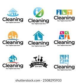 Set of House cleaning service logo design. House cleaning products vector design.