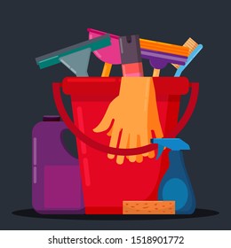 Set of house cleaning tools with bucket