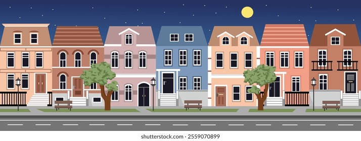 Set of house. Collection of house. Street.Home at night. Lamp park. city park. City houses. Classic house. European home. Building architecture. Apartment.