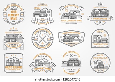 Set of House construction company identity with suburban american house. Vector illustration. Thin line icon, badge, sign for real estate, building and construction company related business.