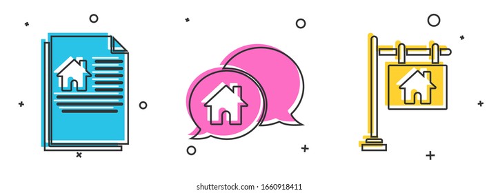 Set House contract, House building in speech bubble and Hanging sign with text Sale icon. Vector