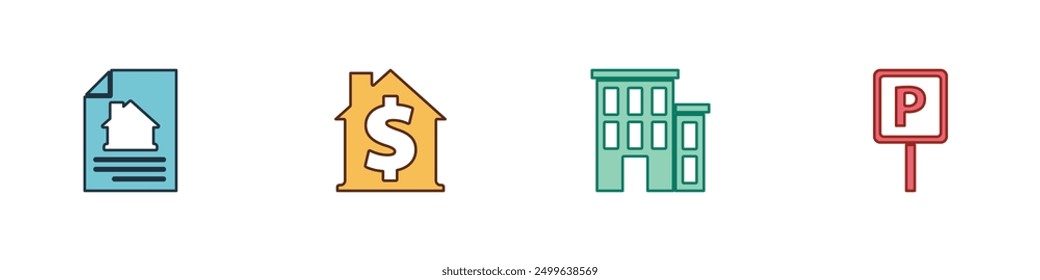 Set House contract, with dollar symbol,  and Parking icon. Vector
