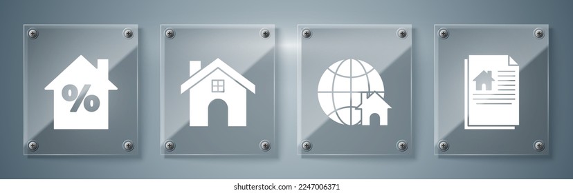 Set House contract, Globe with house symbol, House and House with percant discount tag. Square glass panels. Vector