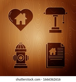 Set House contract, House with heart shape, Fire hydrant and Table lamp on wooden background. Vector