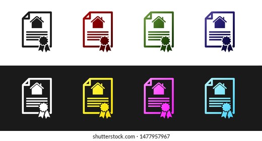 Set House contract icon isolated on black and white background. Contract creation service, document formation, application form composition.  Vector Illustration