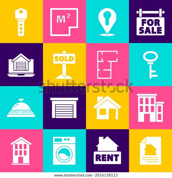 Set House\
contract, key, Location, Hanging sign with text Sold, Online real\
estate house,  and plan icon.\
Vector