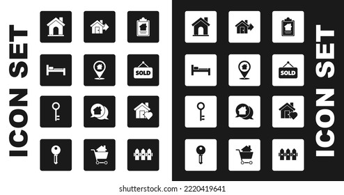 Establecer contrato de la casa, Ubicación con casa, cama, texto de signo colgante Vendido, Venta, forma del corazón e icono de la llave. Vector