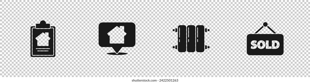 Fijar contrato de la casa, Ubicación con casa, Radiador de calefacción y texto de la señal Colgando icono Vender. Vector