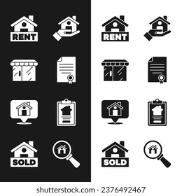 Set House contract, Market store, Hanging sign with Rent, Realtor, Location house, Search and text Sold icon. Vector