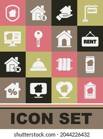 Fijar el contrato de la casa, Casa inmobiliaria en línea, Cartel colgante con Alquiler, Realtor, clave, bajo protección e icono. Vector