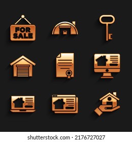 Set House Contract, Online Real Estate House, Realtor, Garage, Key And Hanging Sign With For Sale Icon. Vector