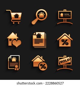 Fijar contrato de la casa, con percant, el signo colgante vendido, forma del corazón, Apertura de casa y el icono del carro de la compra. Vector