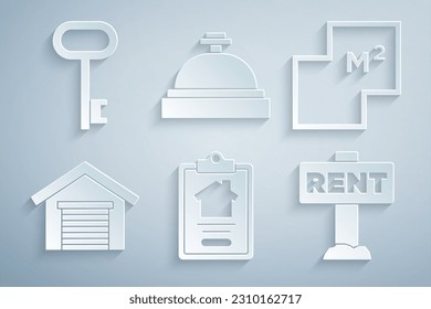 Set House contract, plan, Garage, Hanging sign with Rent, Hotel service bell and key icon. Vector
