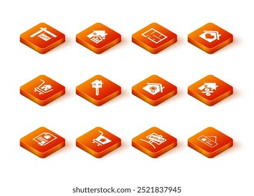 Contrato de la casa, Carrito de compras con la casa, llave, signo colgante Vendido, Búsqueda, En venta y percant icono. Vector