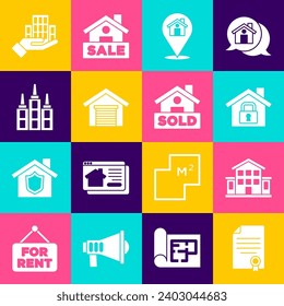 Set House contract, under protection, Location with house, Garage, Skyscraper,  and Hanging sign text Sold icon. Vector