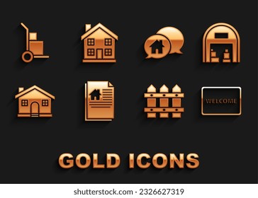 Set House contract, Warehouse, Doormat with the text Welcome, Garden fence wooden, building in speech bubble, Hand truck and boxes and Home symbol icon. Vector