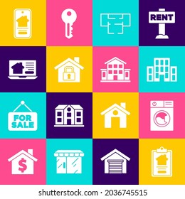 Set House contract, Washer, plan, under protection, Online real estate house,  and  icon. Vector