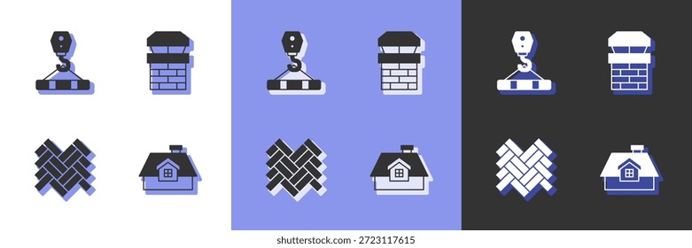 Conjunto Casa, Gancho de la grúa, Parquet y Chimenea icono. Vector