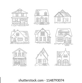 Set of house different forms icons drawing in flat style on white background