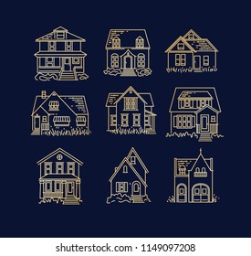 Set of house different forms icons drawing in flat style on dark blue background