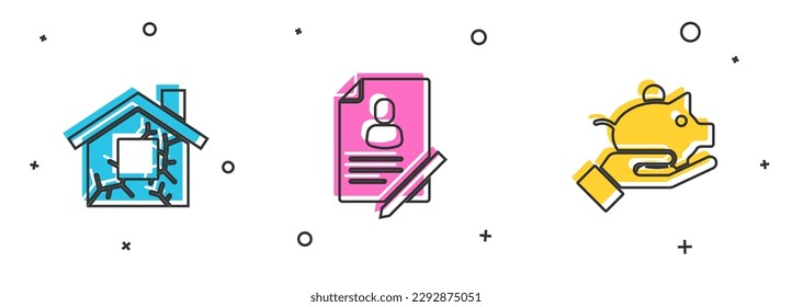 Set House, Document with shield and Piggy bank in hand icon. Vector