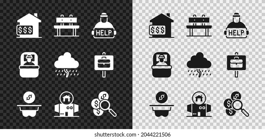 Haus mit Dollar, Bench, Hilfe Obdachlosen, Spenden Geld, Obdachlose Pappe Haus, Suche nach, Schlafsack und Cloud Regen Symbol. Vektorgrafik