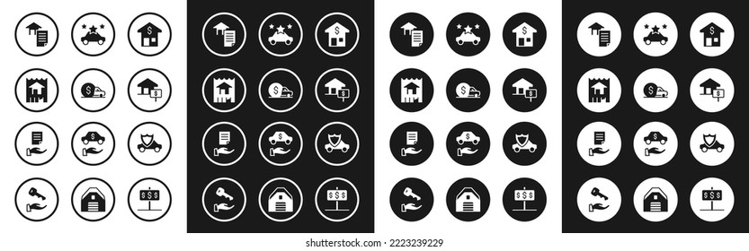Set House with dollar, Car rental, contract, sharing, shield and  icon. Vector