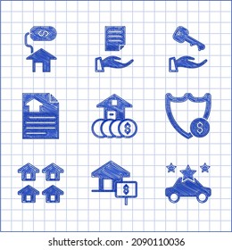 Ponga la casa con el dólar, el uso compartido de coches, Escudo, Inmobiliaria, contrato, llave e icono. Vector