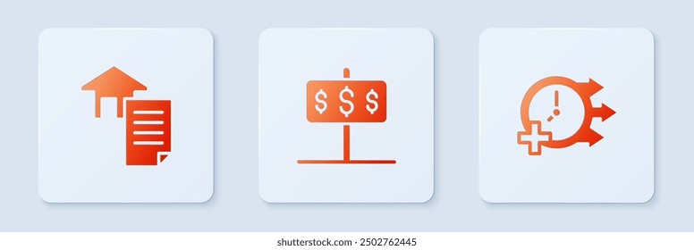 Set House with dollar, contract and Clock. White square button. Vector