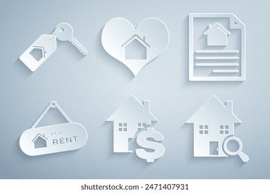 Set House with dollar, contract, Hanging sign For Rent, Search house, heart shape and key icon. Vector
