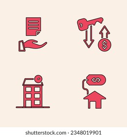 Establecer Casa con dólar, contrato, clave de alquiler e icono. Vector