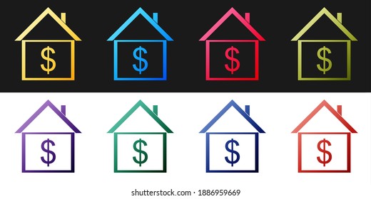 Establece House con un icono de dólar aislado en fondo blanco y negro. Hogar y dinero. Concepto inmobiliario. Vector.