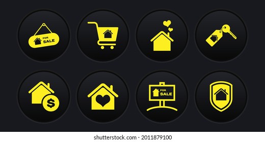 Ponga la casa con el dólar, la llave, la forma del corazón, el signo colgante para la venta, la casa del carro de compras, bajo protección e icono. Vector