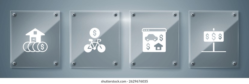 Set House com dólar, imobiliário online, aplicativo móvel de aluguel de bicicletas e . Painéis de vidro quadrados. Vetor