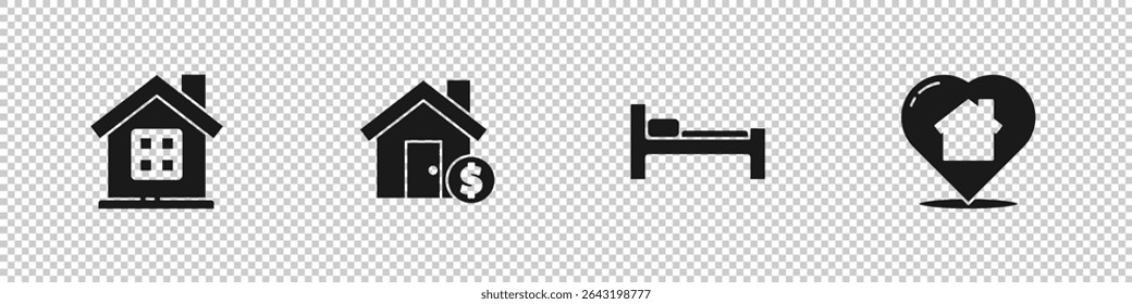 Set House, with dollar symbol, Bed and heart shape icon. Vector