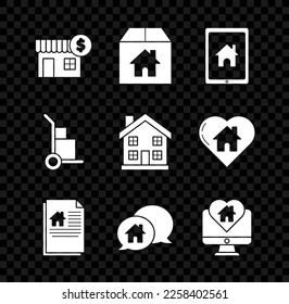 Set House with dollar symbol, Cardboard box house, Tablet and smart home, contract, building in speech bubble, Monitor heart shape, Hand truck boxes and Home icon. Vector