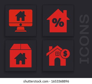 Set House with dollar symbol, Computer monitor with smart home, House with percant discount tag and Cardboard box with house icon. Vector