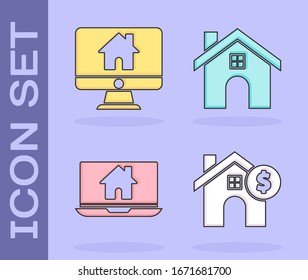 Set House con símbolo en dólares, monitor de computadora con hogar inteligente, portátil e inteligente hogar e icono de Casa. Vector