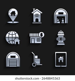 Set Casa con símbolo de dólar, camión de mano y cajas, Tablet smart home, hidrante de fuego, almacén, globo e icono de puntero de mapa. Vector