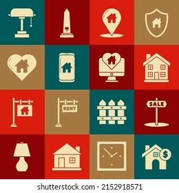 Set House With Dollar Symbol, Hanging Sign Text Sale, Home, Map Pointer House, Mobile Phone Smart Home, Heart Shape, Table Lamp And Monitor Icon. Vector