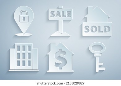 Set House with dollar symbol, Hanging sign text Sold, key, Sale and Location lock icon. Vector